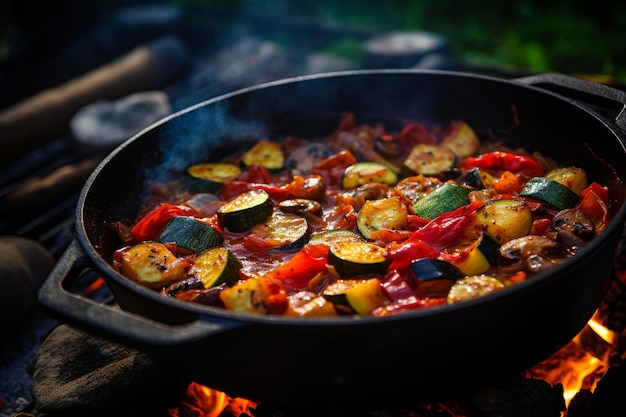 Photo cooking ratatouille in a dutch oven over a campfire