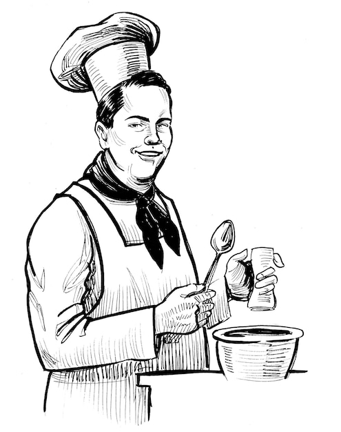 Photo cooking restaurant chef. ink black and white drawing