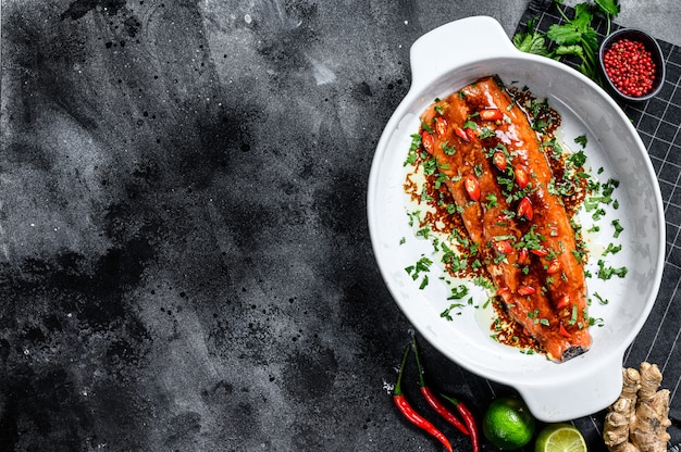 Cooking of salmon fillet teriyaki. Top view.