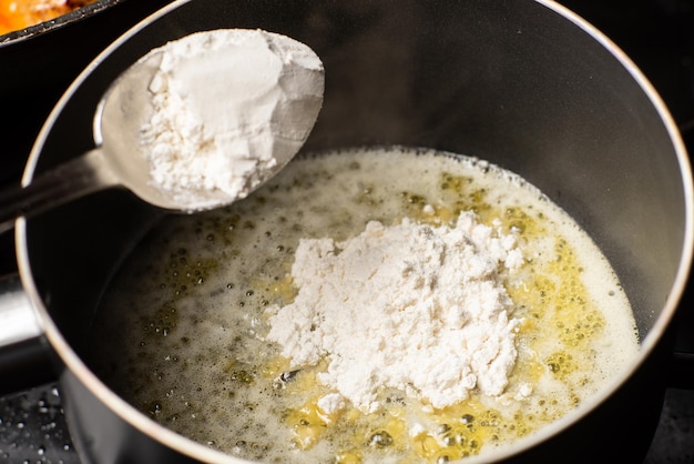 Cooking sauce from butter and flour Add flour to melted butter Breading