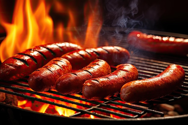 Cooking sausages and hot dogs on a gas grill outside