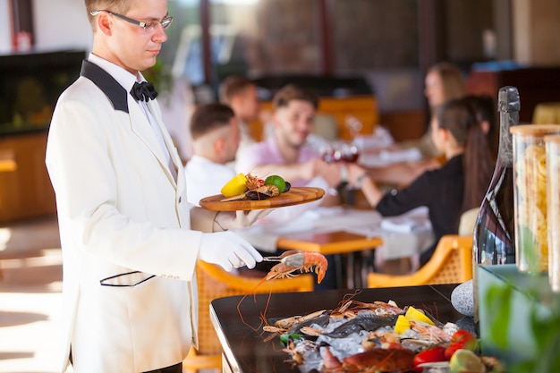 Cooking seafood in a restaurant.