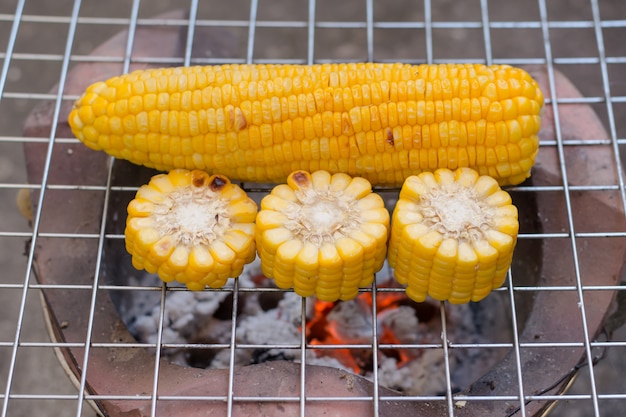 Cooking several fresh yellow brown golden corn cobs