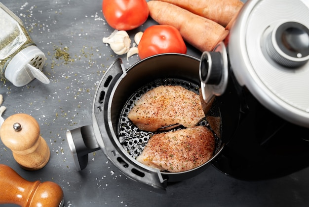 Photo cooking skinless chicken breast with spices in an air fryer