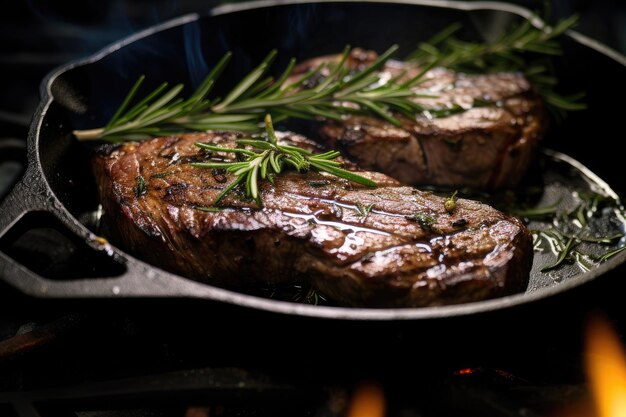 Photo cooking steak in a frying pan with butter