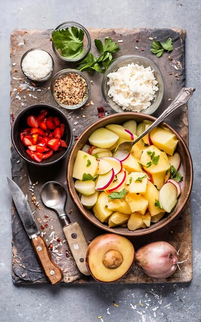 Cooking Traditional German potato salad Kartoffelsalat Gray background