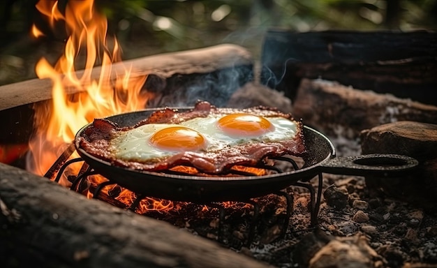 캠프 불 그릴 에 달 ⁇  두 개 를 조리 하면 맛있는 야외 아침 식사 를 만들 수 있다