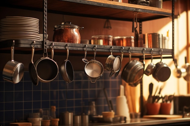 Photo cooking utensils hanging on a kitchen rack