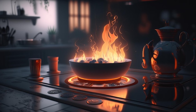 暗いキッチンでコンロで火を起こして調理するAI世代