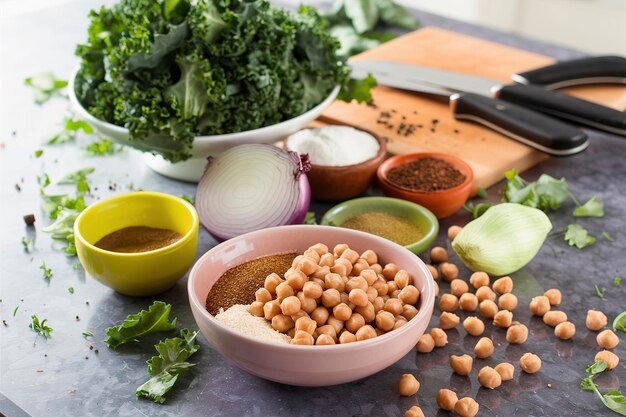 Cooking with kale and chickpeas ingredients on the table