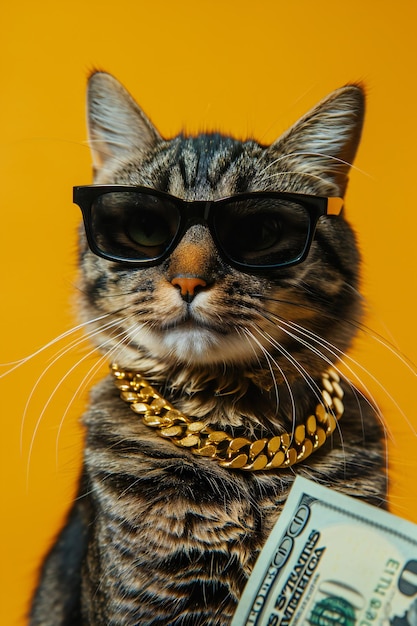 Cool affluent accomplished trendy cat with sunglasses and dollars