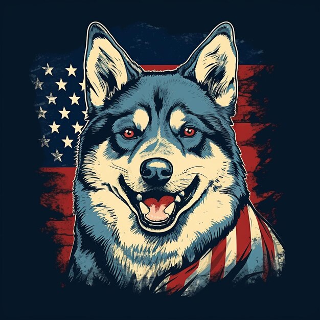 Cool akita dog with USA flag