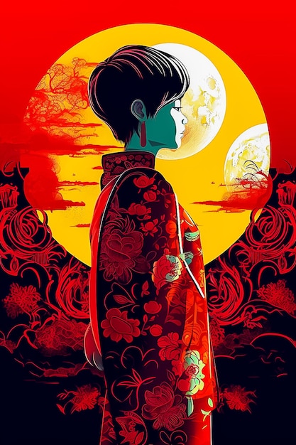 멋진 실루의 달을 가진 애니메이션 소녀 티셔츠 디자인 스티커 스타일 AI 생성