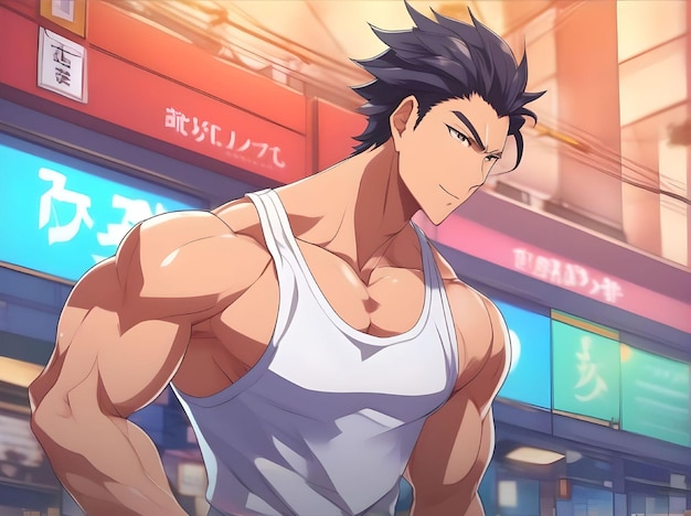 Cool anime sexy muscular guy in tank top illustration