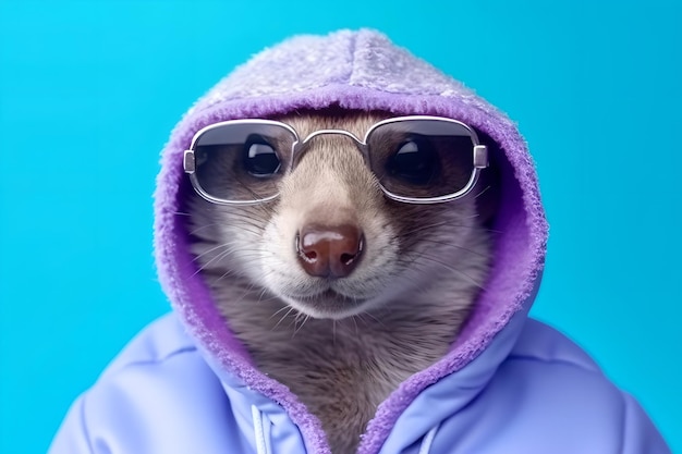 Cool anthropomorphic mongoose in a purple hoodie and glasses The concept of fun is minimal