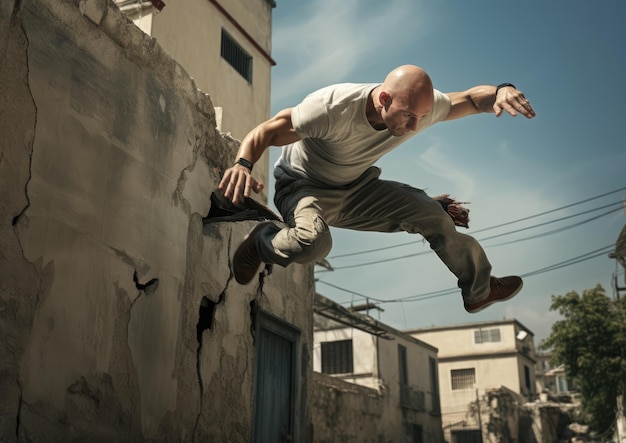 Foto un bell'uomo calvo che fa un salto mortale all'indietro in una routine di parkour