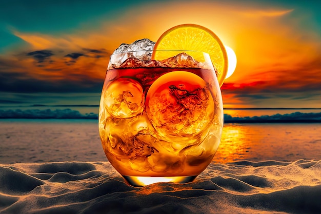 Cool beach cocktail with ice cubes and circle of orange on background of sunset