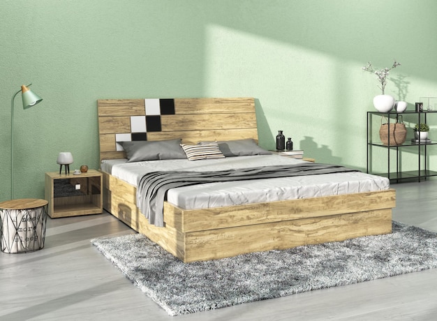 Cool bedroom bed set with drawer stool lamp and rack total 3d interior render