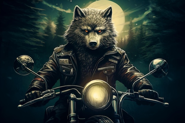 Cool biker wolf riding motorcycle Hard rock dark fantasy character illustration