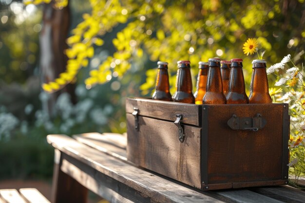 Photo cool box with bottles of beer on bench outdoors