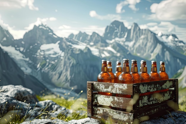 Cool box with bottles of beer in mountains Space for text