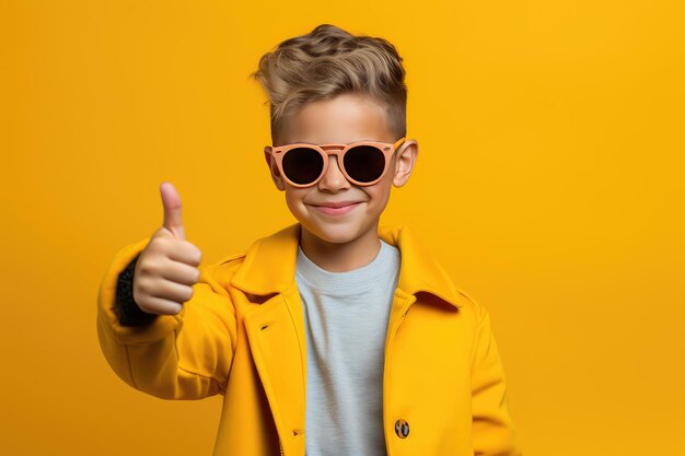 Cool boy in sunglasses showing horn signs in a yellow background