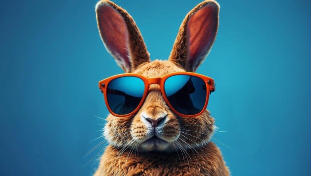 Крутая кроличья голова с солнцезащитными очками на синем фоне