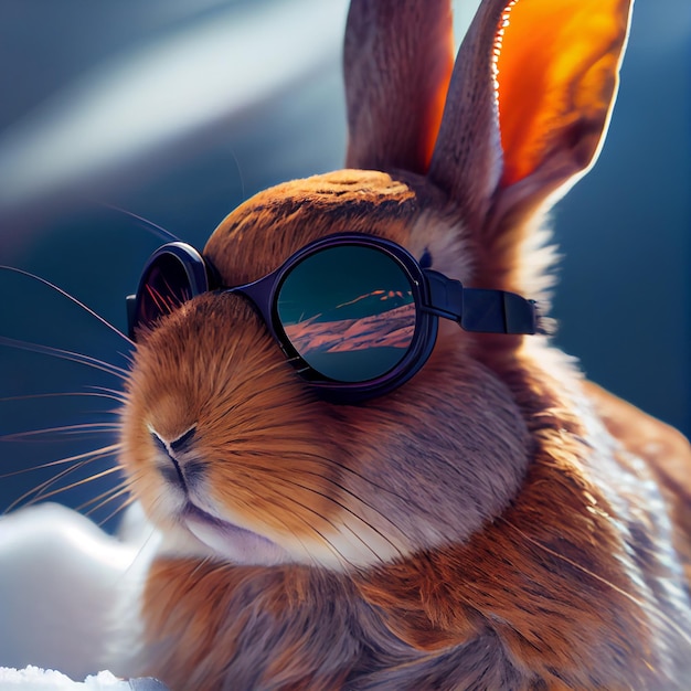 Cool bunny in occhiali da sci cavalca uno snowboard illustrazione generative ai