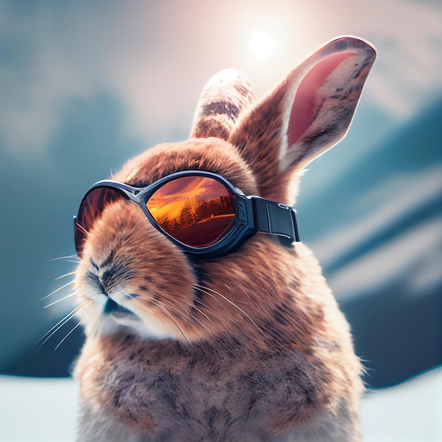 Foto cool bunny in occhiali da sci cavalca uno snowboard illustrazione generative ai