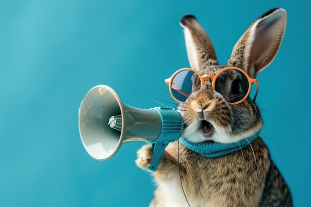 Photo cool bunny in sunglasses with megaphone on blue background