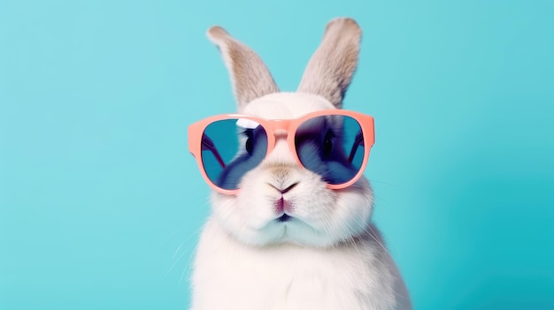 Cool bunny with sunglasses on a colorful background Happy Easter card Generative AI