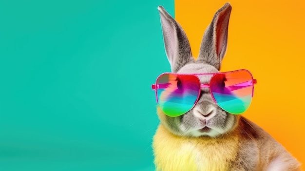 Крутой кролик в солнечных очках на красочном фоне Открытка с Пасхой Generative AI