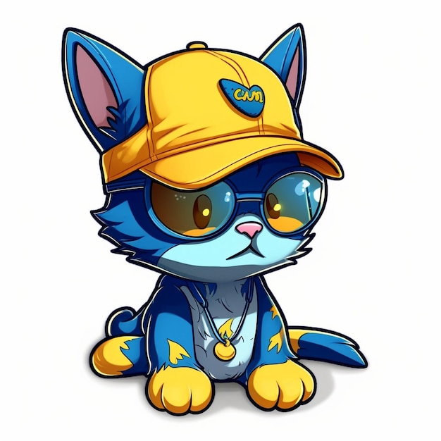 a cool cat blue ears yellow hat