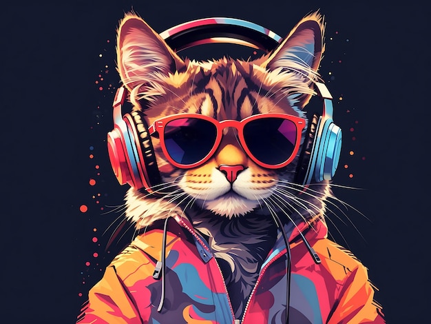 Cool cat in headphones and sunglasses listens to music Close portrait of furry kitty in fashion