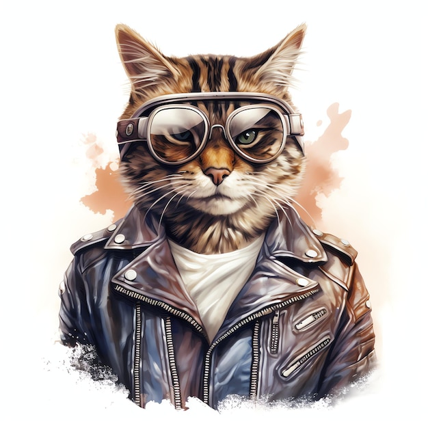 Cool Cat in een leren jas en pilotenzonnebril aquarelstijl illustratie voor