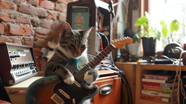 Photo a cool cat is sitting on a stack of books holding a guitar in its paws the cat has a determined look on its face like its about to rock out