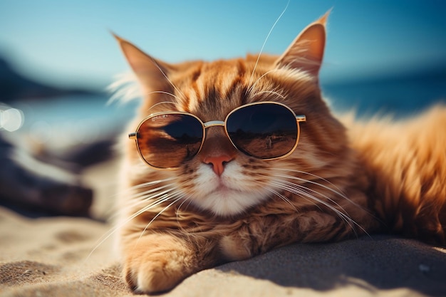 A cool cat lounging at the beach in sunglasses Generative Ai