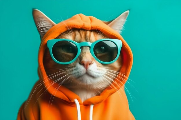 Photo a cool cat in an orange hoodie and sunglasses looks directly at the camera playful a cat