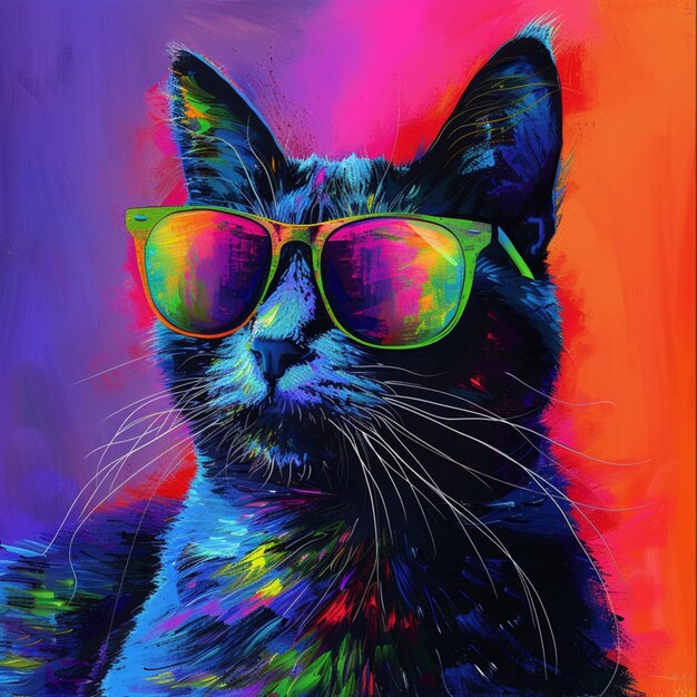 Cool Cat Realism Portrait Painting Wearing Sunglasses Solid Color Background Colorful Art Print