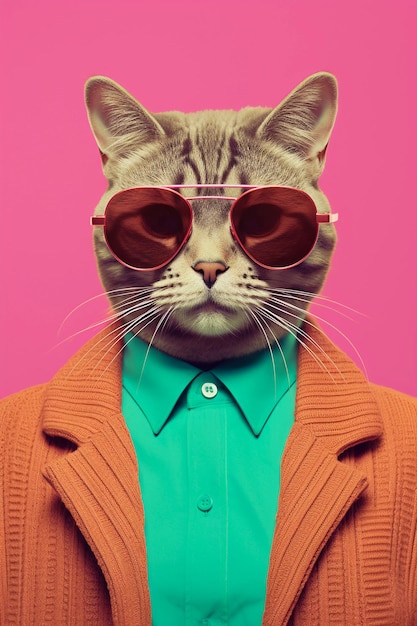 Cool Cat Revival antropomorfe kat in Pop Art kleuren Vintage illustratie generatieve AI