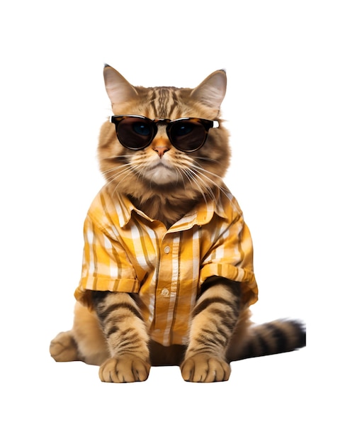 Cool cat sitting relaxing wearing summer clothes and sunglasses isolated on a white background