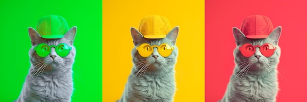 Cool cat in sunglasses and cap Wide colorful banner