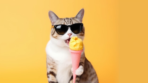 Photo cool cat in sunglasses licking ice cream