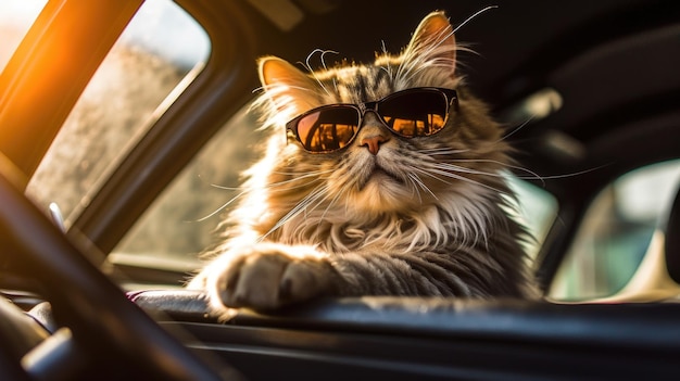 Cool cat in sunglasses sitting behind the wheel of a car solar positive light travel trip car license AI generated