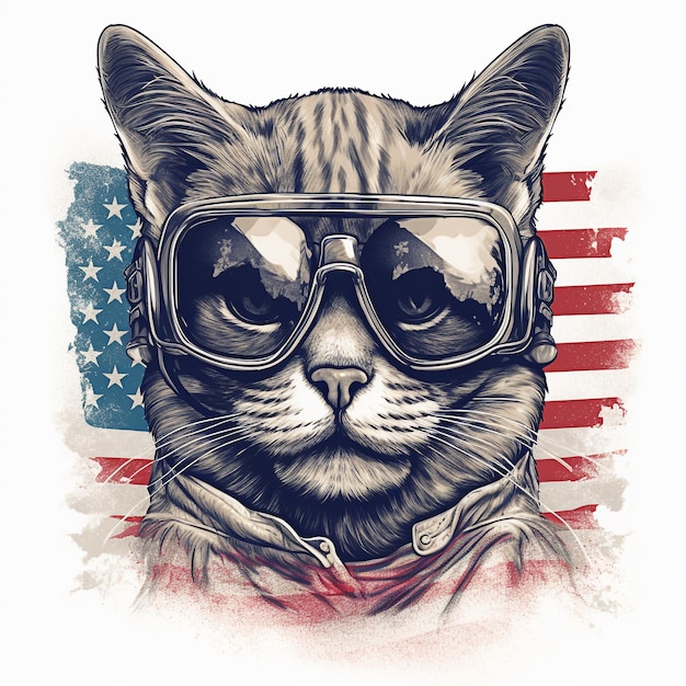 アメリカの国旗とサングラスをかけたクールな猫