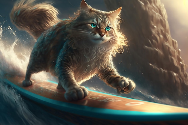 Cool cat surfer rides the wave AI generated