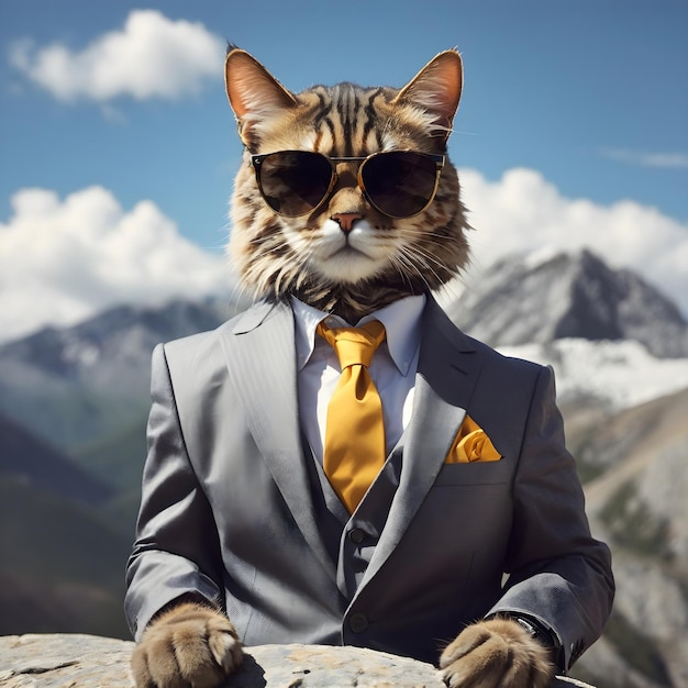 꼭대기에 있는 멋진 고양이 선글라스와 양복을 입은 산 위의 고양이