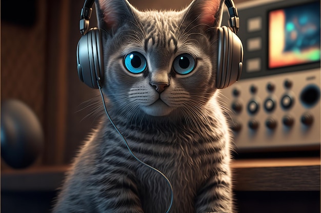 Cool cat using headphones to listen to music Generative Ai