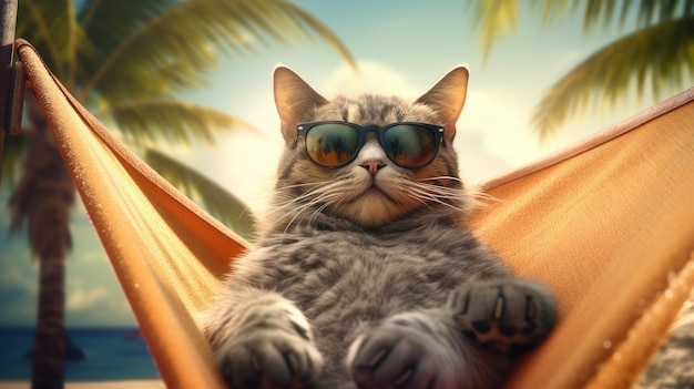 A cool cat wearing glasses is relaxing on a hammock on the beach AI Generated