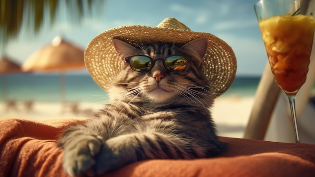 밀짚 모자와 안경을 쓴 멋진 고양이가 해변의 해먹에서 상쾌한 칵테일과 함께 휴식을 취하고 있습니다. AI 생성